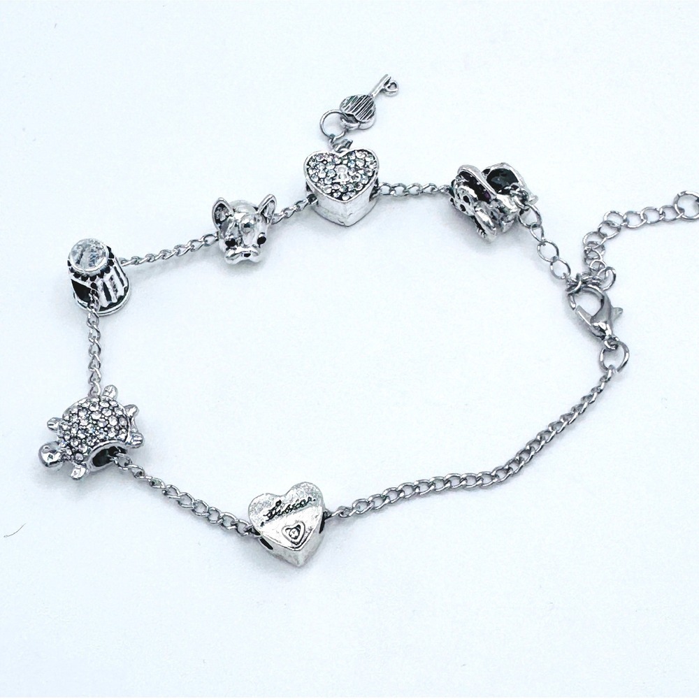 Silver Tone Charm Bracelet Hearts‎ Fox Turtle Bulldog CZ Charms Adjustable 8-10"
